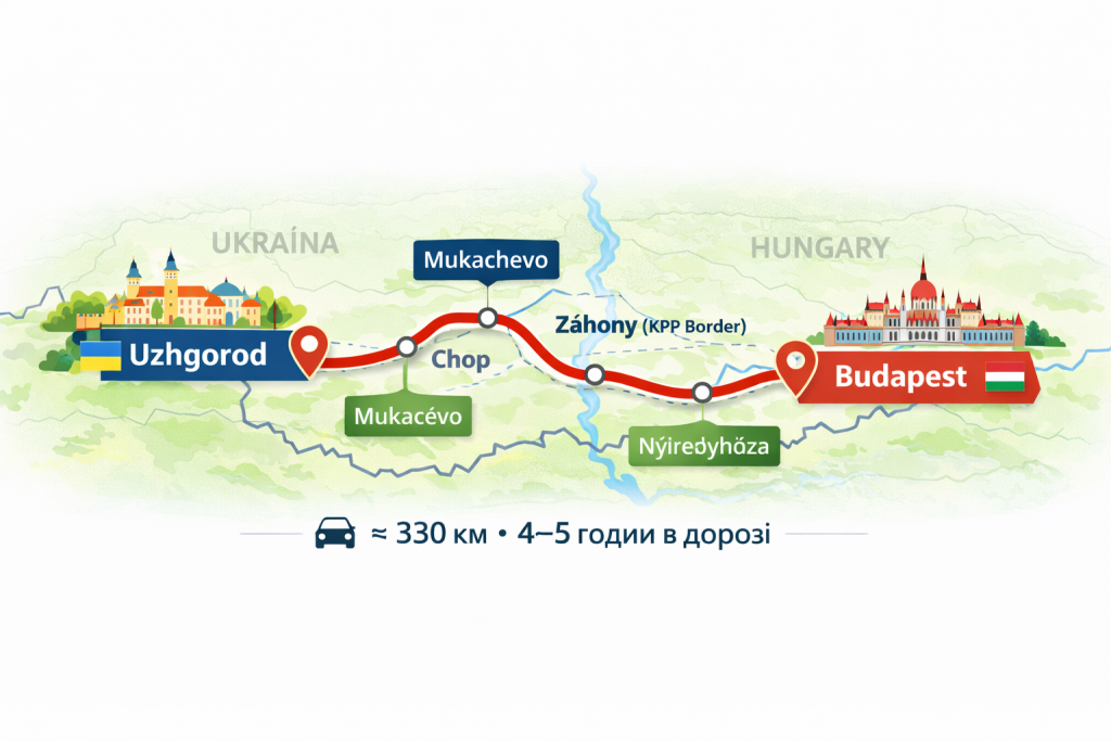 Карта маршруту Ужгород - Будапешт для міжміського таксі TaxiMax