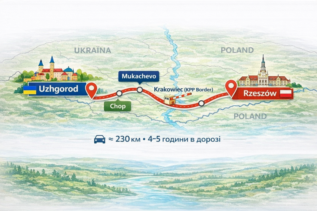 Карта маршруту Ужгород - Жешув для міжміського таксі TaxiMax