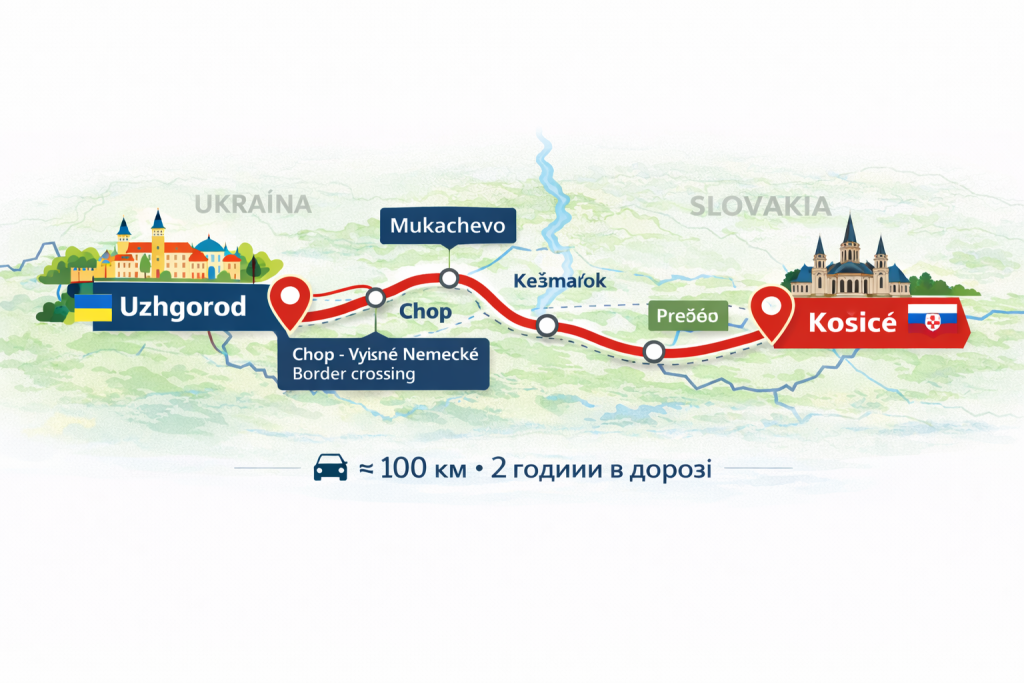 Карта маршруту Ужгород - Кошице для міжміського таксі TaxiMax