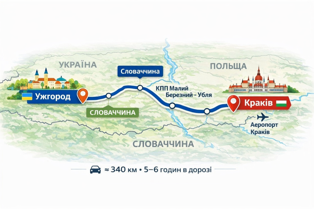 Карта маршруту таксі Ужгород Краків через кордон