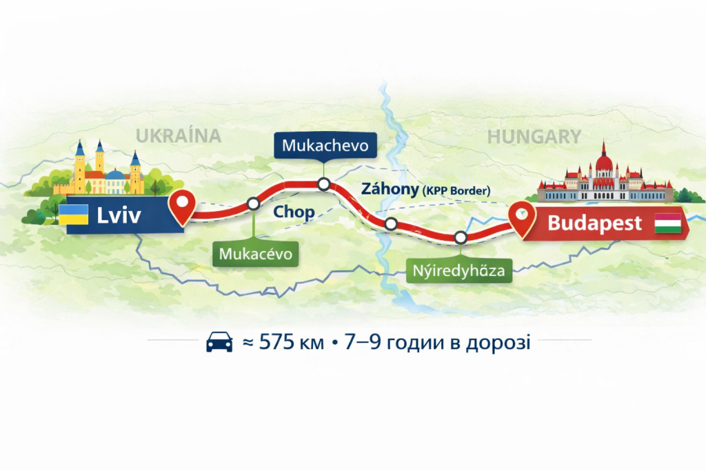 Карта маршруту Львів - Будапешт для міжміського таксі TaxiMax